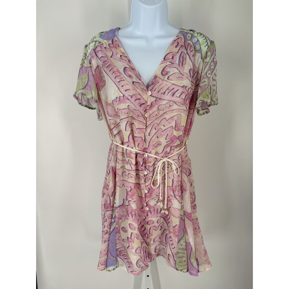 Boho Sheer Printed Mini Dress | V-Neck Button Front Tie Waist Dress